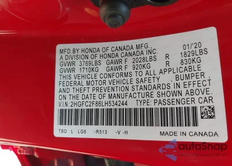 2020 Honda Civic Sport from USA, damaged, VIN 2HGFC2F86LH534244